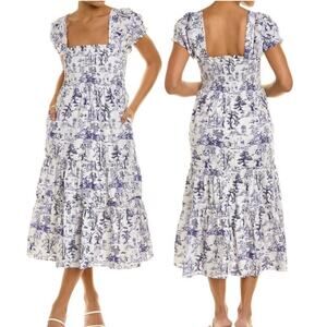 OPT by Anthropologie Daphne Toile Midi Dress white & blue cottagecore size small